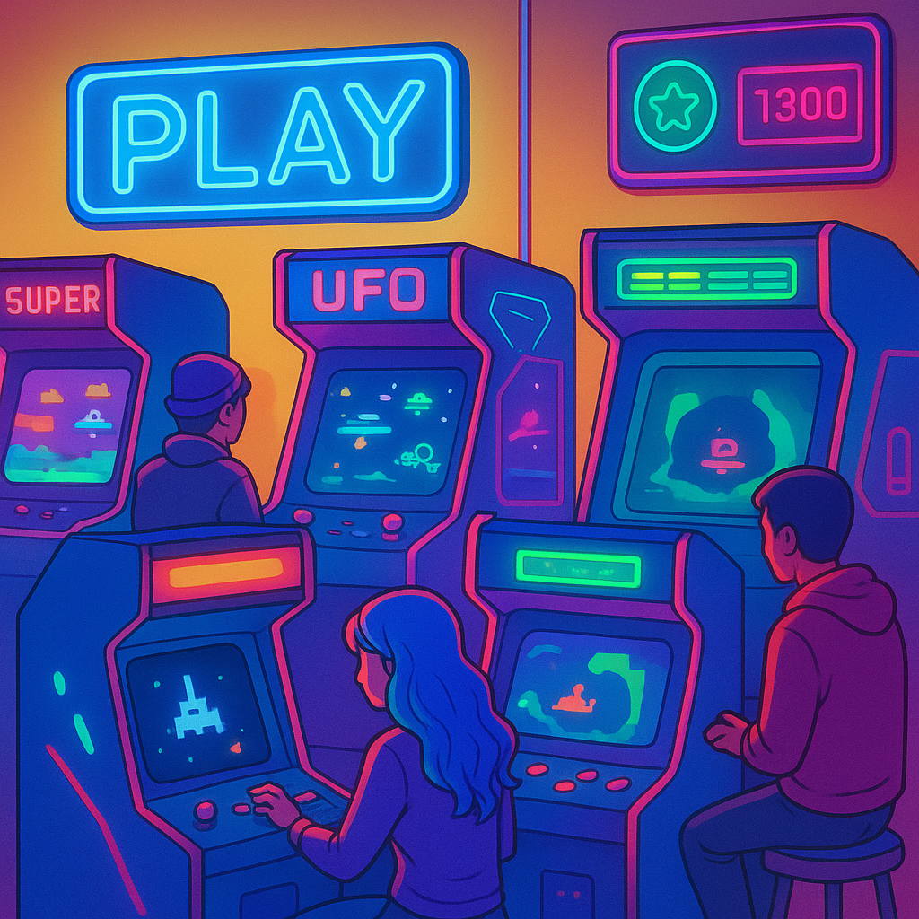 PlayForge hero collage neon arcade lobby with asymmetric grid