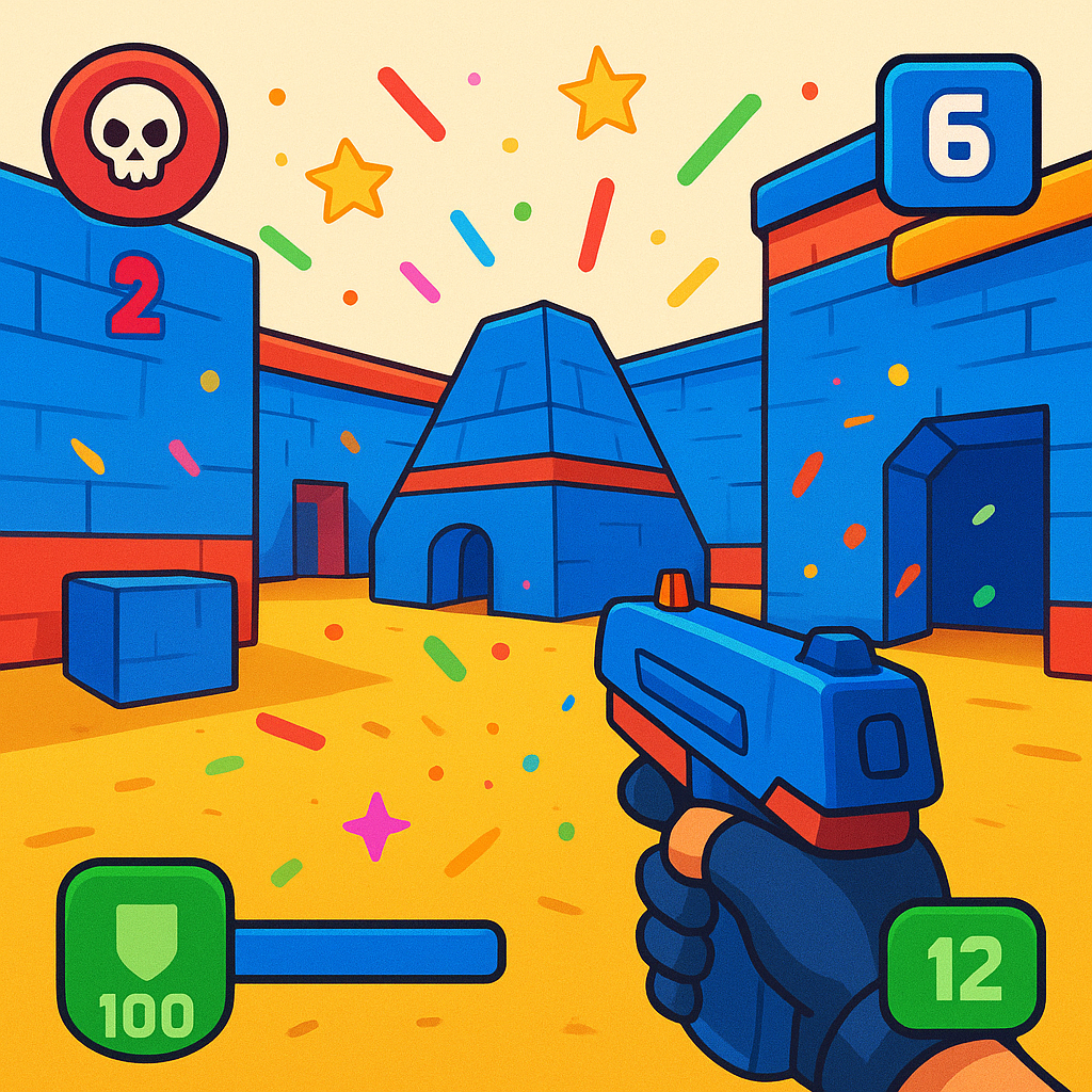 Screenshot of asymmetric grid level and HUD badges