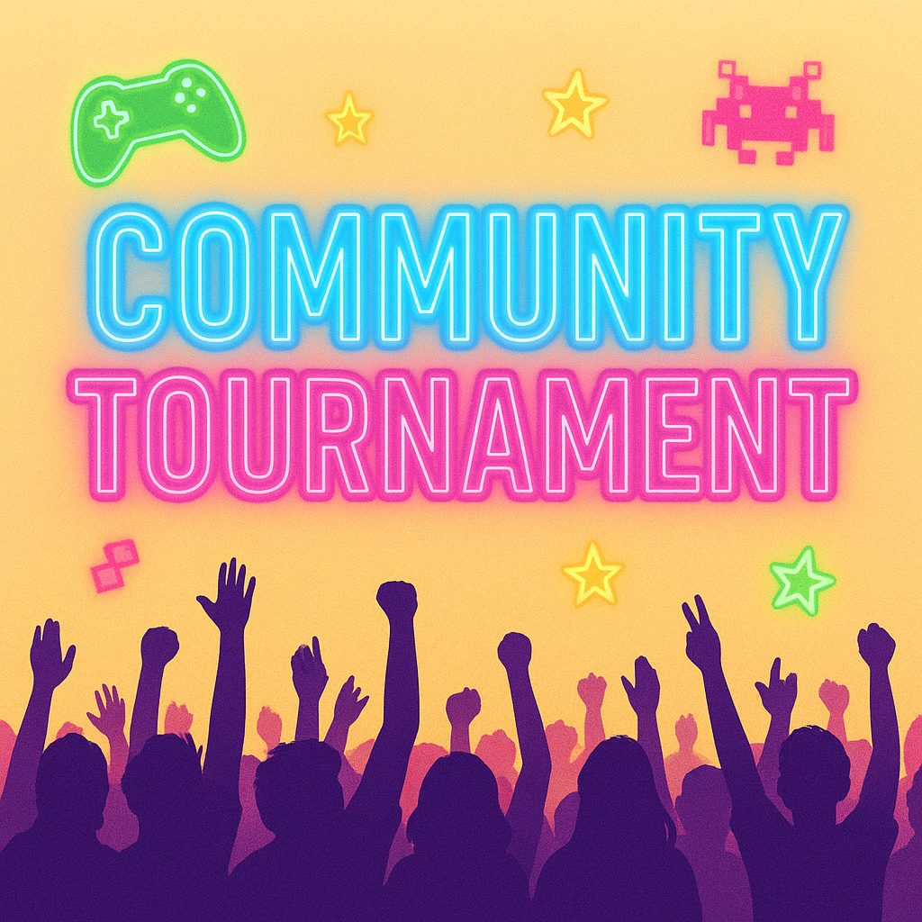 Community tournament banner with neon typography